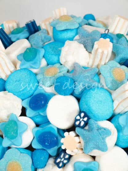 cesto 16 brochetas chuches azul personalizadas para tu fiesta